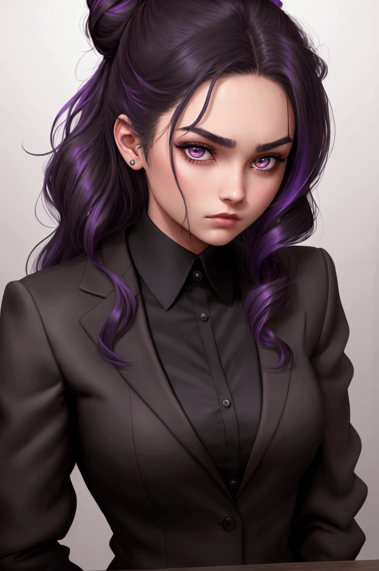 20 year old western college student woman with a dark expression and sexy frown. She has long, very dark hair with a few purple highlights. She is wearing a loose bun.. Eyes in a dark brown shade, wearing a black and white suit, has a sloppy dark academia style, with visible neckline, no back ground, graphic novel art style