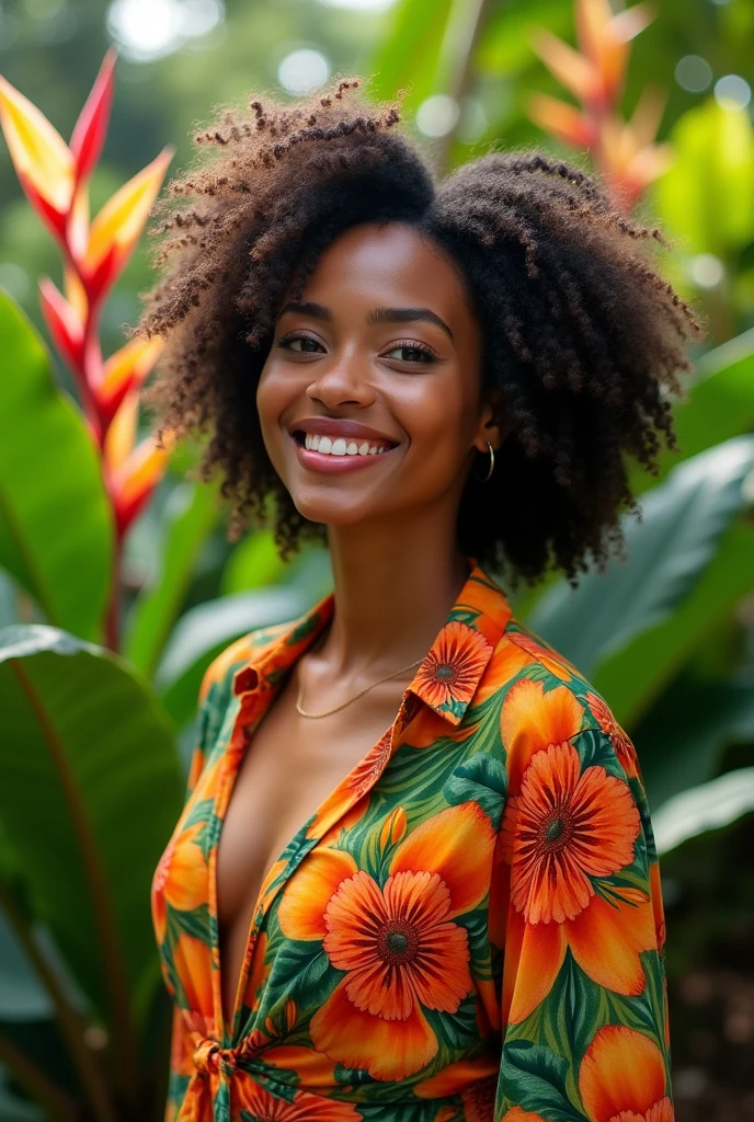 A Brazilian woman in a lush tropical garden, wearing an open shirt with a floral print, with a close-up capturing the harmonious beauty between her breasts and the natural flowers, showing off your natural charm and outgoing personality.