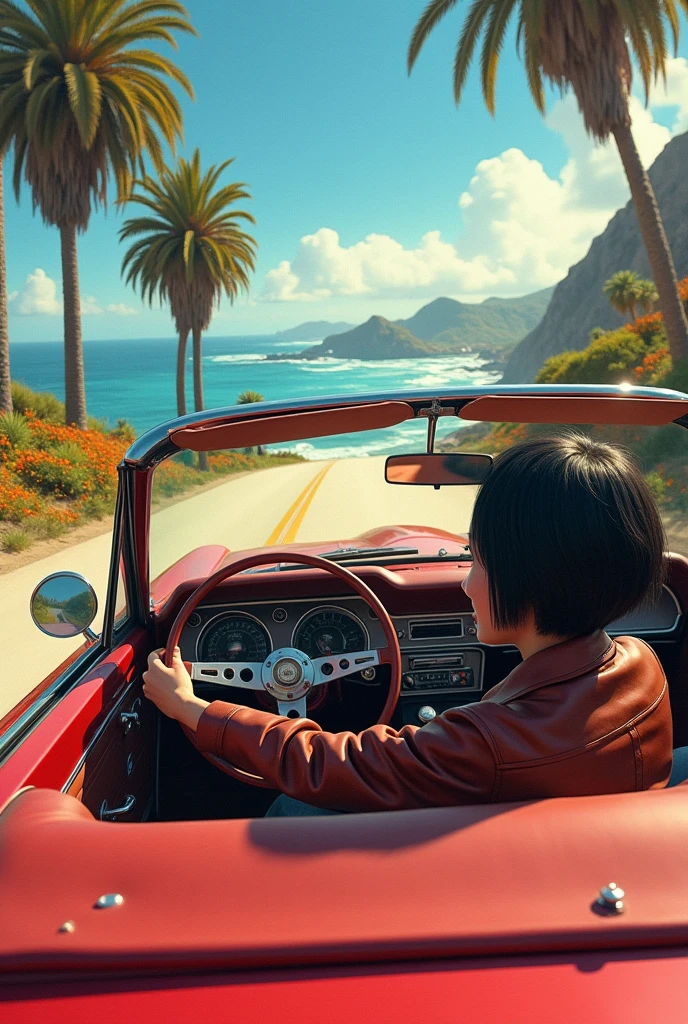 A white girl, short black hair driving a 67 Mustang