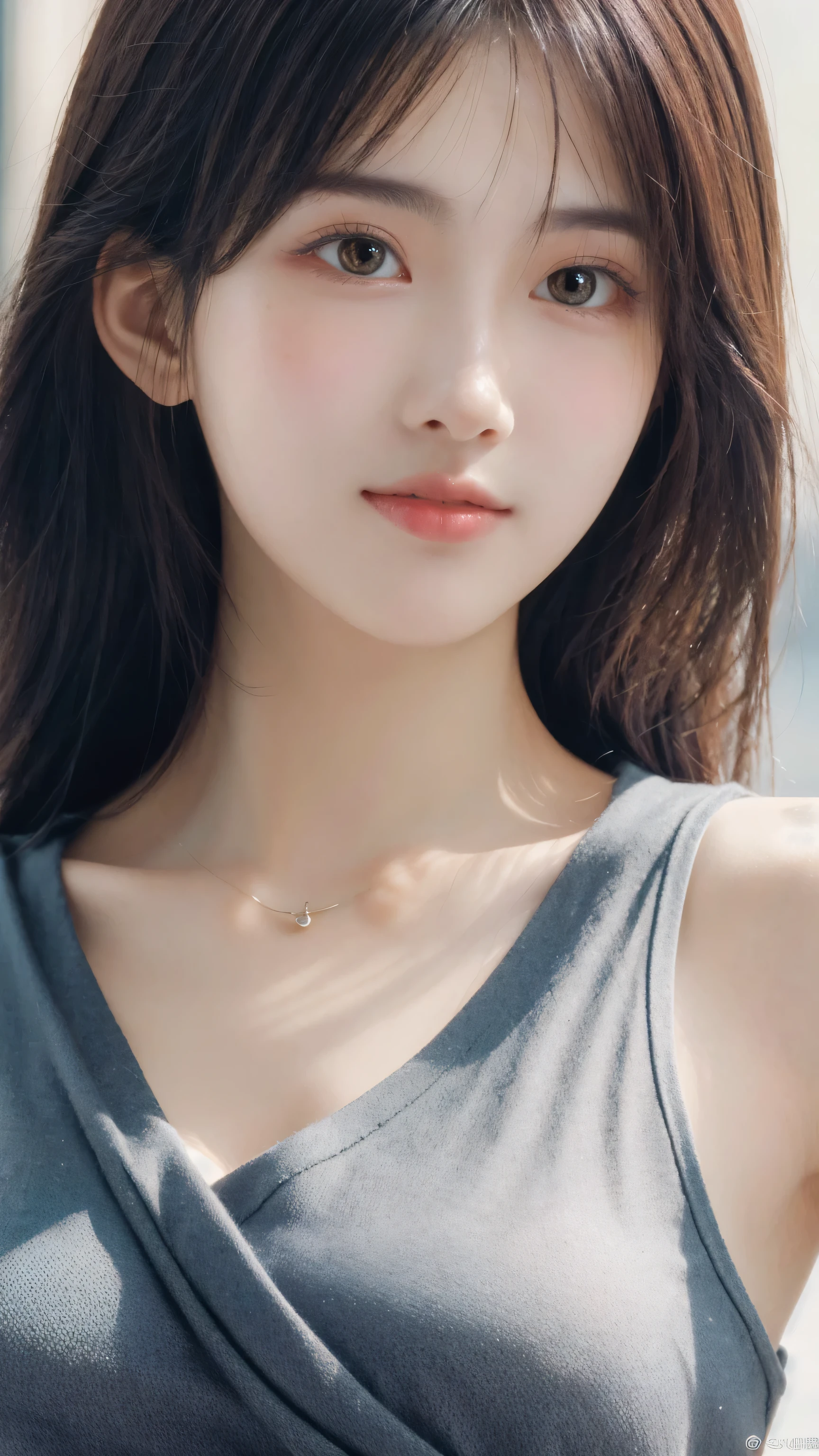 (8k, RAW Photo, Best Quality, Masterpiece:1.2), table top, Ultra Detail, Super Resolution, (Realistic, Realistic Photo:1.37), Portrait, High Detail RAW Color Photo, Professional Photo, Extremely Detailed and Beautiful, Extremely detailed, 8k wallpaper, amazing and detailed, huge file size, official art, highly detailed CG unity 8k wallpaper, highly detailed beautiful girl, highly detailed face, highly detailed eyes, highly detailed skin, highly detailed fingers, highly detailed nose, very detailed detailed mouth , perfect anatomy, highly detailed background, highly detailed clothes, 1girl, ,cute girl, realistic body, fair skin, glowing skin , slim body, handsome body, black hair , Semilong hair, (blunt bangs:1.2), smile, cute, youthful, cute face, realistic face, delicate eyes, drooping eyes, looking at viewer, facing front, standing posture, Contraposto, dynamic lighting, ((face closeup)), (medium chest), (Perfect Body Proportions), (slender Body Proportions), tank top, mini skirt,