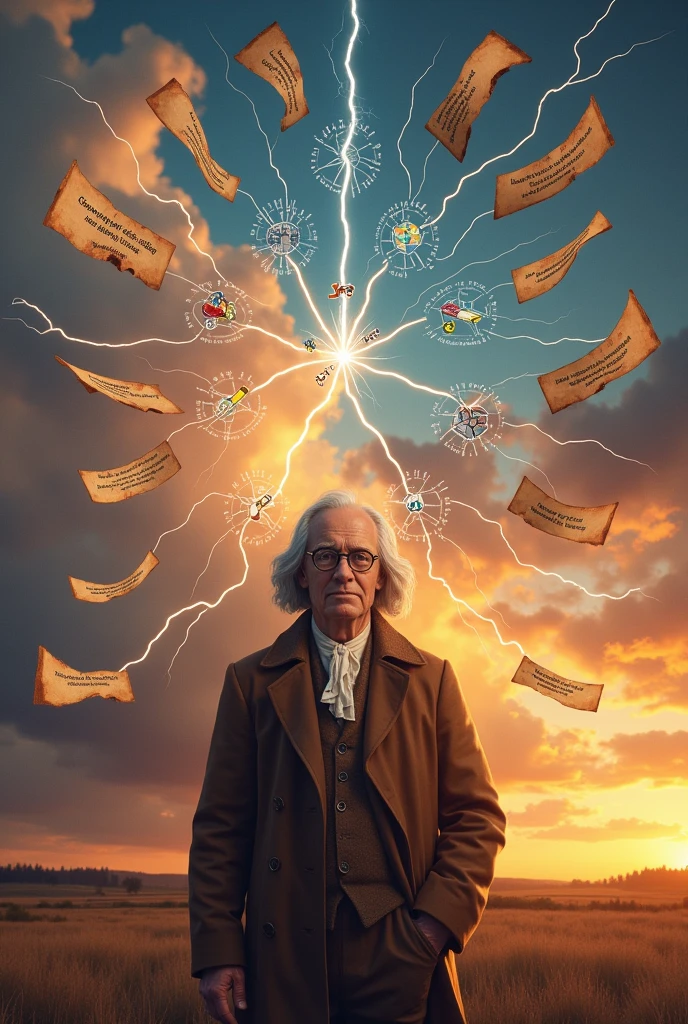Benjamin Franklin's Mind Map of the Storm Kite Experiment, with topics about the experiments, make animated and realistic, for college work