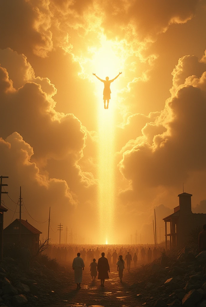 A very strong light in the sky saying come son I know you, and people ascending to heaven. The houses and buildings are destroyed 
