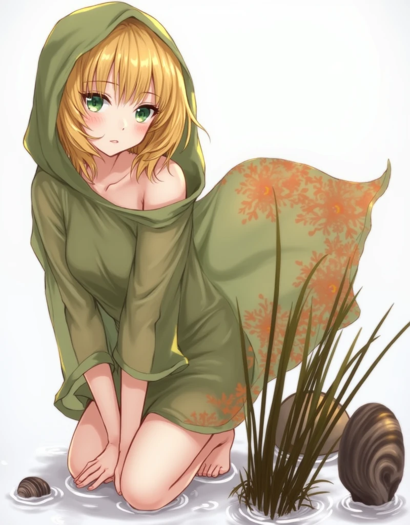Squatting on the beach in transparent clothes