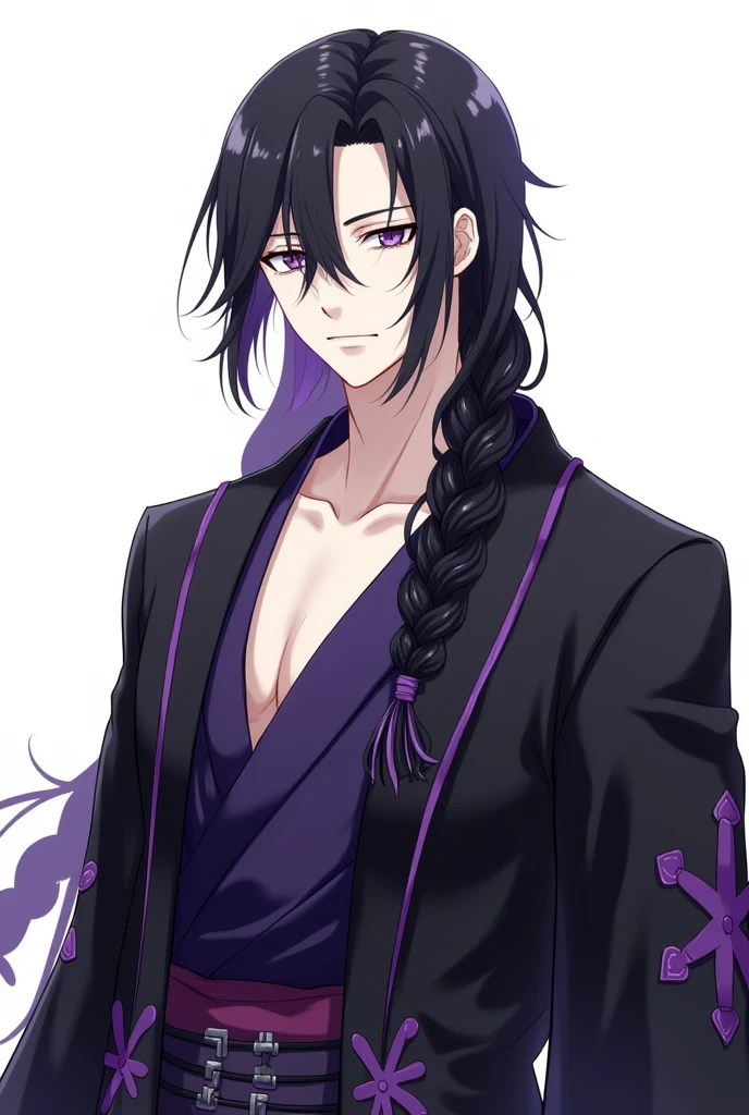 anime. Good-looking man with pale skin, long black hair with purple highlights, with all the hair in a braid,purple eyes, serious look, black kimono with purple details, looking straight at the camera, Ping, White background.
