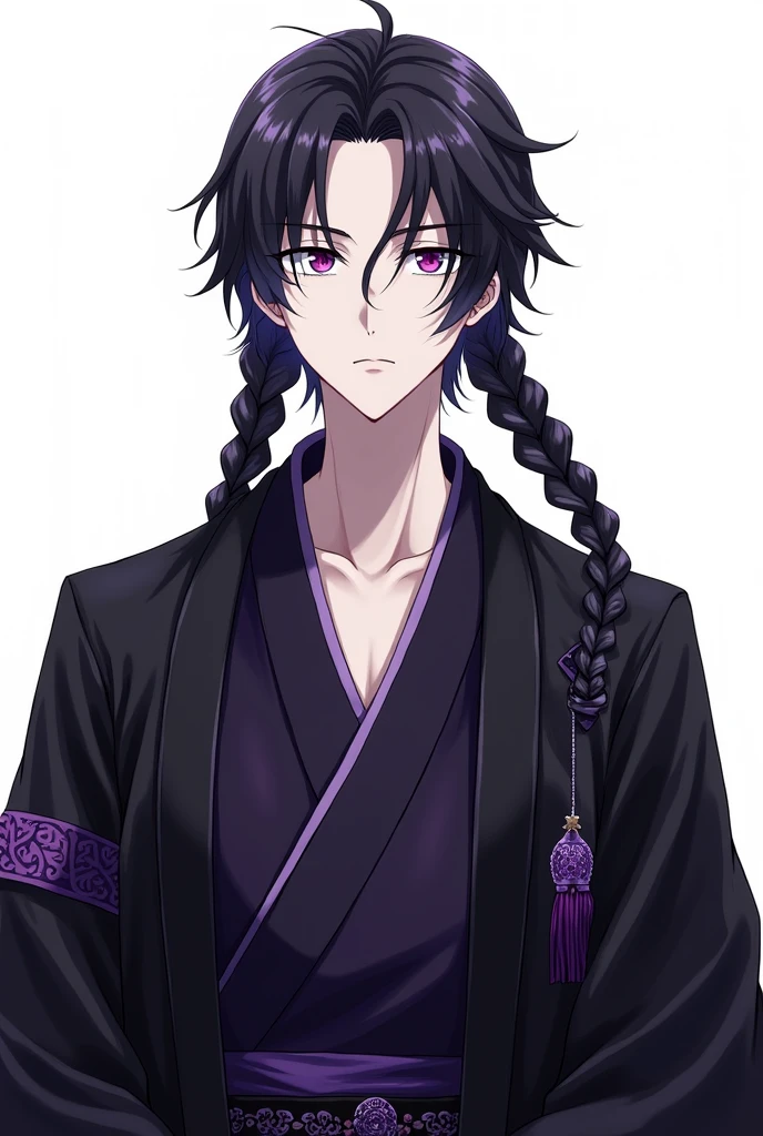 anime. Good-looking man with pale skin, long black hair with purple highlights, with all the hair in a braid,purple eyes, serious look, black kimono with purple details, looking straight at the camera, Ping, White background.