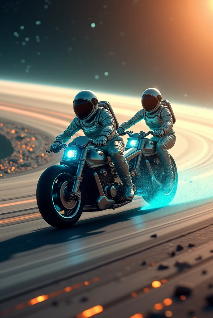 Imagine an epic scene on Saturn, where two intrepid astronauts compete on motorcycle-like space vehicles in a thrilling race through the planet's rings.
The first of the astronauts is a brave man in a shiny spacesuit and transparent helmet that reflects sunlight.. His space vehicle is designed like a futuristic motorcycle, with sleek aerodynamic lines and thrusters that flash blue as it soars through space. The deafening noise of the engines resonating between the rings of Saturn adds excitement to the race.
The second astronaut is a bold woman, with an equally impressive spacesuit and helmet that reflects the beauty of the gas giant planet. His vehicle is also reminiscent of a space motorcycle., but it is adorned with flashing green lights and has elegant details that make it unique..
Both pilots deftly lean around the tight turns of Saturn's uneven terrain., defying gravity and skillfully maneuvering to avoid floating asteroids as they compete for first place.
As they move through the glowing rings of the majestic planet, Rebel lights illuminate their path, creating multi-colored flashes that dance around them. The intergalactic audience watches attentively from their nearby spaceships, letting yourself be carried away by the emotion and wonder of this unique race.