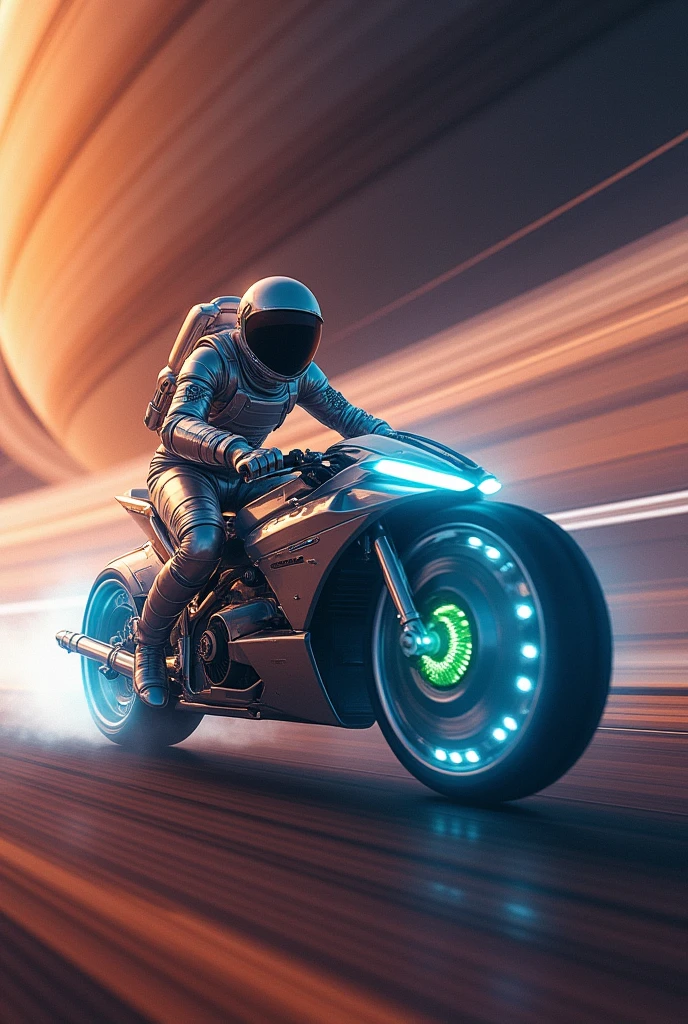 Imagine an epic scene on Saturn, where two intrepid astronauts compete on motorcycle-like space vehicles in a thrilling race through the planet's rings.
The first of the astronauts is a brave man in a shiny spacesuit and transparent helmet that reflects sunlight.. His space vehicle is designed like a futuristic motorcycle, with sleek aerodynamic lines and thrusters that flash blue as it soars through space. The deafening noise of the engines resonating between the rings of Saturn adds excitement to the race.
The second astronaut is a bold woman, with an equally impressive spacesuit and helmet that reflects the beauty of the gas giant planet. His vehicle is also reminiscent of a space motorcycle., but it is adorned with flashing green lights and has elegant details that make it unique..
Both pilots deftly lean around the tight turns of Saturn's uneven terrain., defying gravity and skillfully maneuvering to avoid floating asteroids as they compete for first place.
As they move through the glowing rings of the majestic planet, Rebel lights illuminate their path, creating multi-colored flashes that dance around them. The intergalactic audience watches attentively from their nearby spaceships, letting yourself be carried away by the emotion and wonder of this unique race.