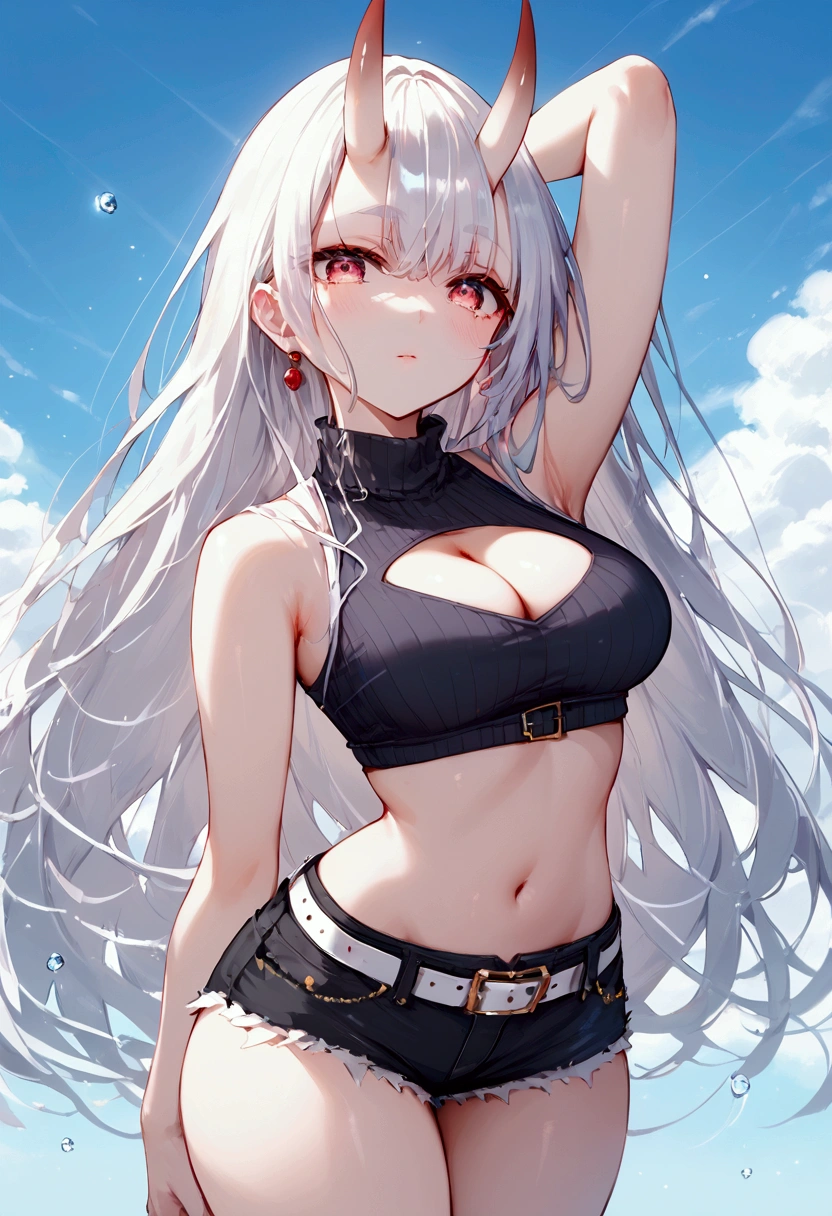 score_9, score_8_up, score_7_up, source_anime, (masterpiece), best quality, expressive eyes, perfect eyes, perfect face, oni girl, oni horns, red eyes, soft lips, long hair, very long hair, wide hips, (white hair:1.2), (white eyebrows:1), (white eyelashes:1), medium breasts:0.5, higuchi madoka, big breasts:0.3, full body, background: Concert stage, nazunaxl, cleavage cutout, shorts, clothing cutout, crop top, sleeveless, turtleneck, navel, black shorts, short shorts, belt