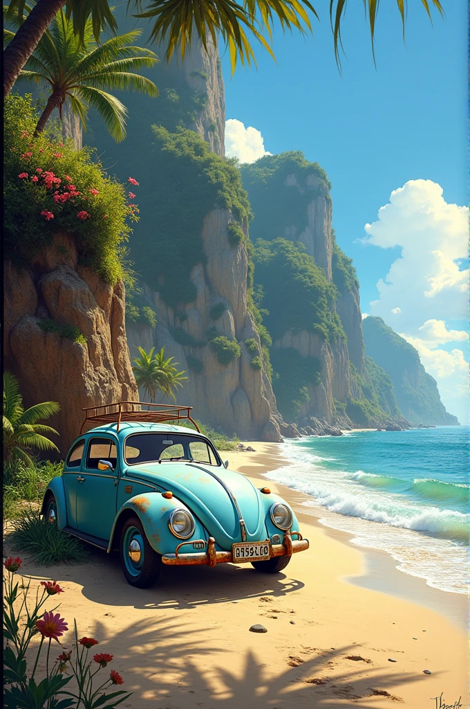 Panoramic painting of a light blue Volkswagen Beetle abandoned on a beach with cliffs on the coast of northeastern Brazil