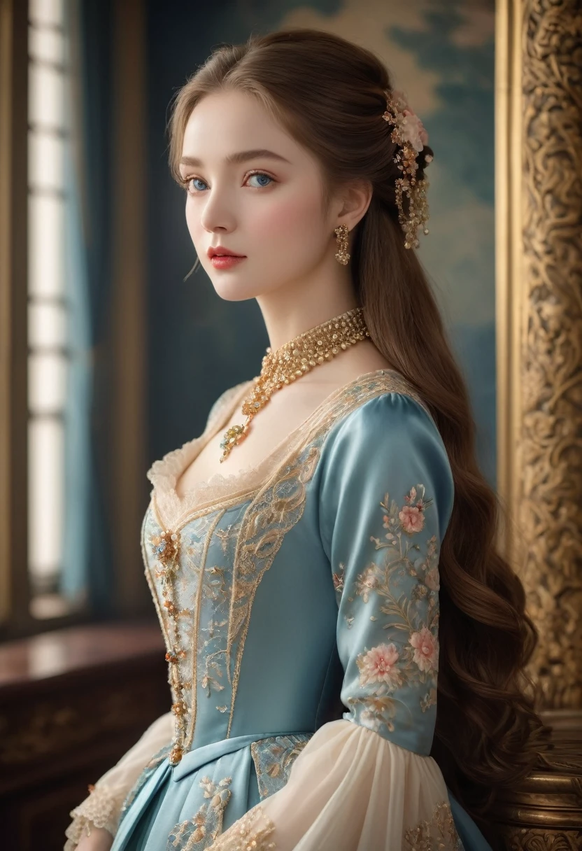 (best quality,4K,8K,high resolution,masterpiece:1.2),Extremely detailed,(Practical,photoPractical,photo-Practical:1.37),portrait,,Pastel,personalized masterpiece,18th century,Russian,noble,girl,noble Daughter,,Extremely beautiful,Face,Has dark blue eyes,Delicate nose,Sweet mouth,Porcelain skin,红扑扑的Face,Flowing long hair,Silk dress,Elegant Posture,Fine Jewelry,Embroidered lace collar,Grand Background,Rich interior,Faint golden light