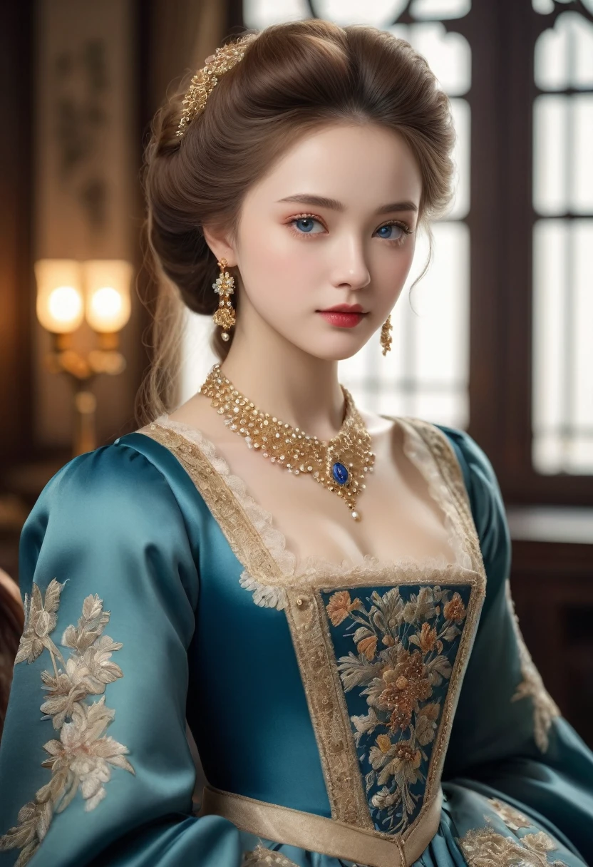 (best quality,4K,8K,high resolution,masterpiece:1.2),Extremely detailed,(Practical,photoPractical,photo-Practical:1.37),portrait,,Pastel,personalized masterpiece,18th century,Russian,noble,girl,noble Daughter,,Extremely beautiful,Face,Has dark blue eyes,Delicate nose,Sweet mouth,Porcelain skin,红扑扑的Face,Flowing long hair,Silk dress,Elegant Posture,Fine Jewelry,Embroidered lace collar,Grand Background,Rich interior,Faint golden light