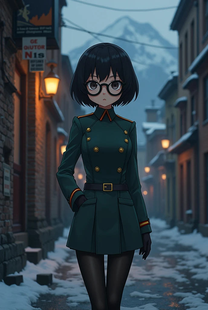Anime, Short black hair with bangs, Big Tights, Narrow waist, Wearing glasses, Wearing a Soviet uniform,Moscow alley