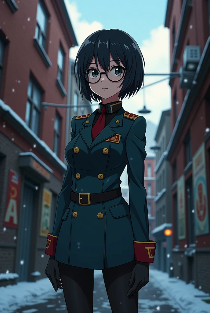Anime, Short black hair with bangs, Big Tights, Narrow waist, Wearing glasses, Wearing a Soviet uniform,Moscow alley