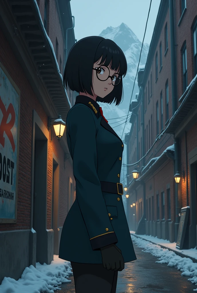 Anime, Short black hair with bangs, Big Tights, Narrow waist, Wearing glasses, Wearing a Soviet uniform,Moscow alley