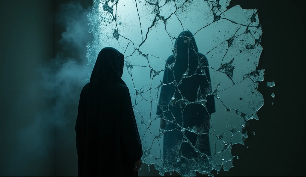 A reflection in a broken mirror, symbolizing the hidden parts of the self that influence our actions.