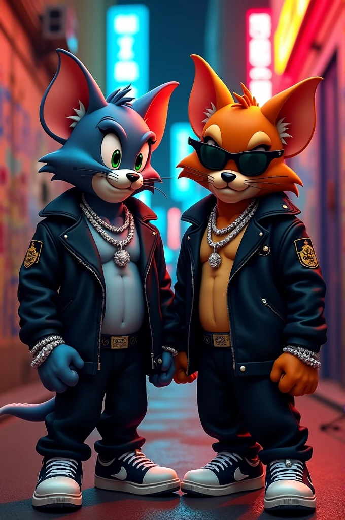 Tom et Jerry gangster aux regards effrayants en noir avec des chaînes de diamants au cou et des bagues au doigts, des lunettes de luxes et des paires de nike