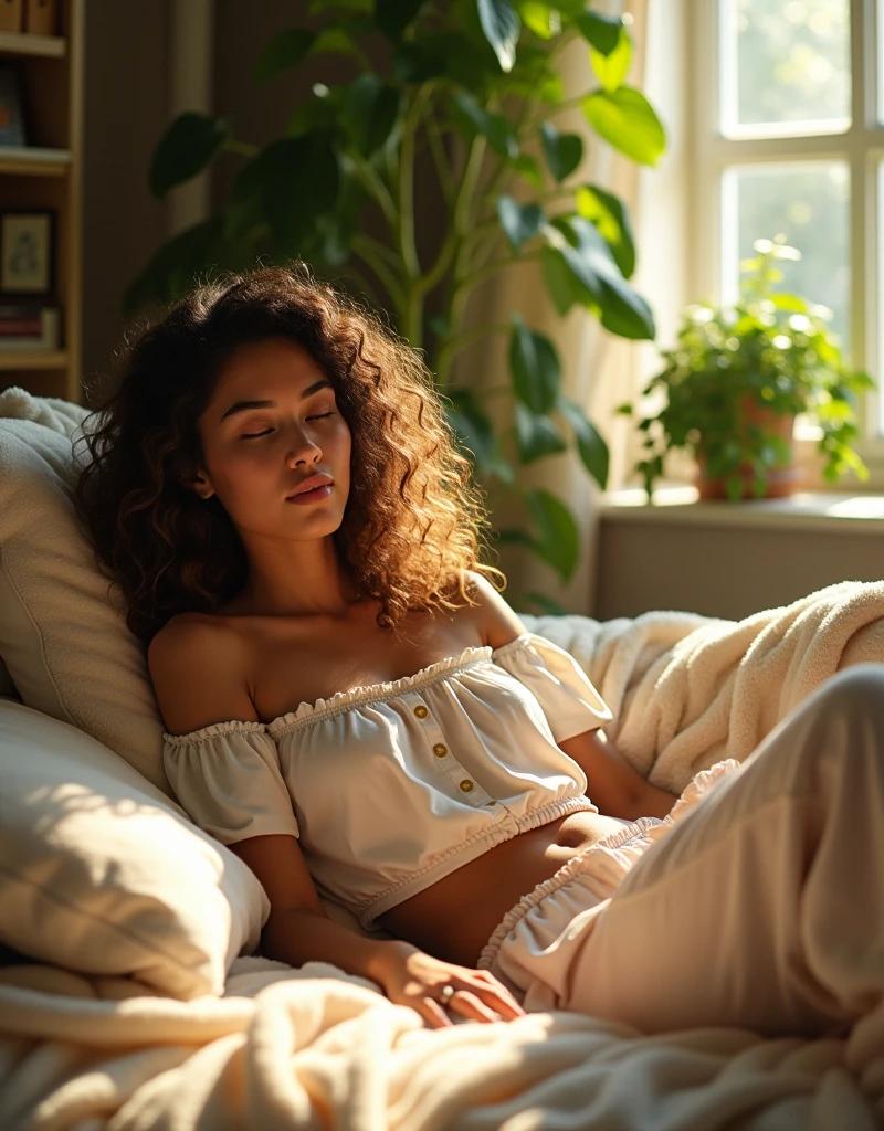 (photorealism:1.2), beautiful woman, sitting on bed, wearing loose off-shoulder top, pajama pants, long curly hair, indoors, soft lighting, plants in background, window with sunlight, cozy room, relaxed pose, realistic, intricate details, warm colors, by Greg Rutkowski, by Alphonse Mucha