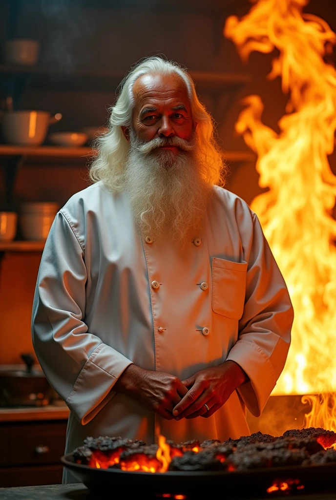 Comic of a wizard without a hat in a chef&#39;s jacket with a white beard and white hair looking straight ahead with a look as if he knew everything and preparing black meats on charcoal ,with a half-smile, arrogant look surrounded by an atmosphere of a kitchen of fire and a lot of almost hellish heat 

