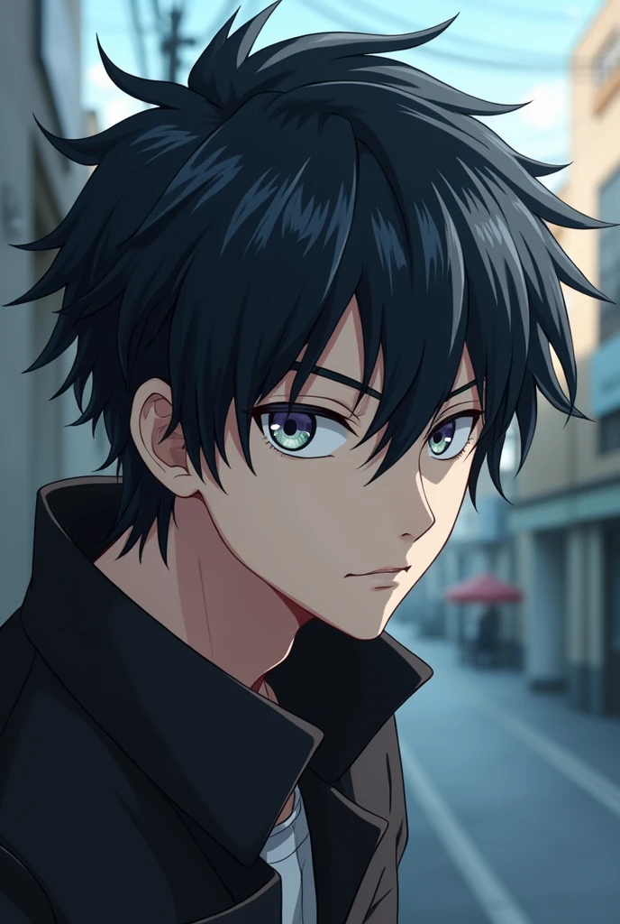An anime guy, black hair, cold silver eyes, half body, close up, silver highlights hair, nonchalant, webtoon