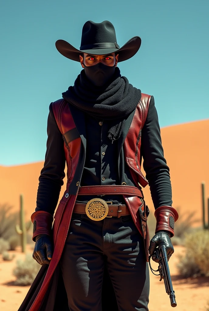 a man with dark skin, black hair and red eyes also with a mask on the mouth.
He wears a black cowboy outfit with red details., including a hat and a long black scarf while holding a colt in attack position.
Ao fundo, a desert of the old Wild West.