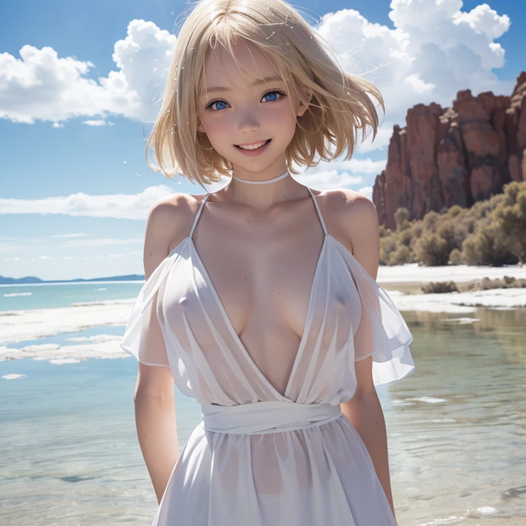 (Elementary school girl..Height is 120 cm.Beautiful white skin.Slim body.Hanging eyes.Blonde.Very short hair parted in the middle.Beautiful Blue Eyes.Tight waist.Beautiful areola.ふっくらとしたNipples.The skin is radiant and glowing).(A tight, see-through white dress.Not wearing underwear.Your clothes are wet.Nipples).(1 person.Uyuni salt lake.Are standing.Hands clasped behind back.Hair fluttering in the wind.My whole body is wet with water.Look at me and smile)Perfect Face.High resolution.It's dynamic