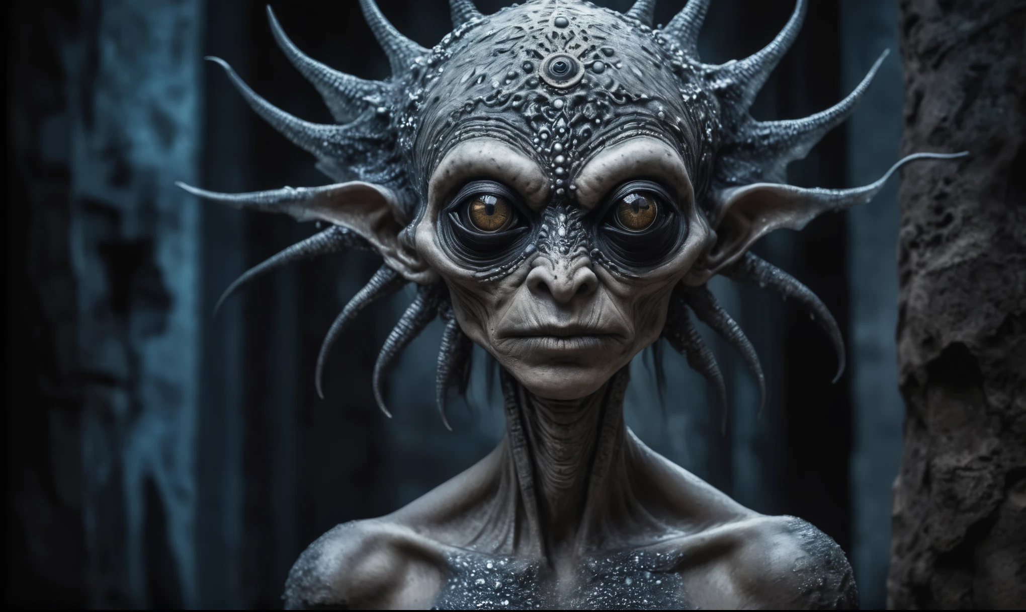 full body length shot,nerd graphite  Alien Entity,native africa, from Armenia,nowadays maya central city,Cinematic,soft colors, Technicolor,natural skin textures, hyper realism, hyper detailed,Extremely detailed,High contrast,Masterpiece,Realistic,Ultra Detailed, intricate details,realistic humid leather,extremely intricate details,Epic Realistic, cinematic style, irina yermolova,high contrast,hdr,extremely detailed, [deep night landscape],masterpiece, intricate details, eyes extremely detailed, high detailed eyes,8k resolution,retina, Nikon Z9,ogre,Egypt, Pisces, transition between two art styles,full body length, Double contact, X-ray, Creative, vivid light, fantasy, Abstract, Surrealism, super detailed, high resolution,insanity national folk wear,skin  almost translucent, gothic stile,Mestichino Light particles,chaos,starfish's skin,Angkor war of Cambodia,,(alien troll half-skull fetus, Hellraiser, , terror,fish eyes