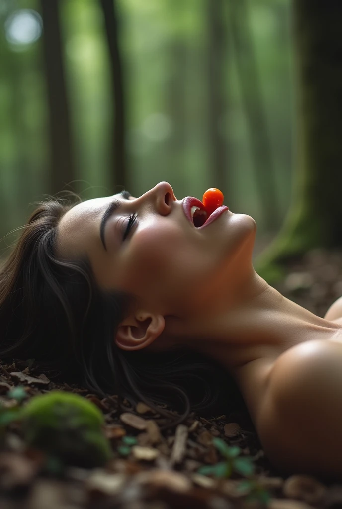 A sexy toy is entering the mouth of a beautiful woman. The woman is lying in the forest and is in pain. It is halfway i