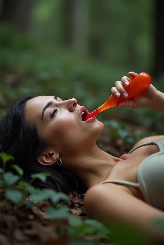 A sexy toy is entering the mouth of a beautiful woman. The woman is lying in the forest and is in pain. It is halfway i