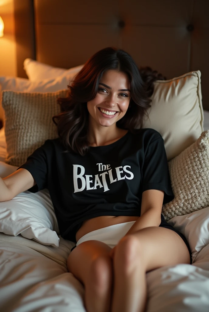 Brunette instagram influencer, wearing a black The Beatles shirt and white panties, laying in a king size bed, laying down, ready for bed, cute smile night time, flash lighting