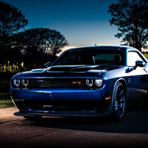 A black dodge challenger with flames of shades of blue, car is sitting in mansion driveway, dark outside, headlights glow blue, colorful light