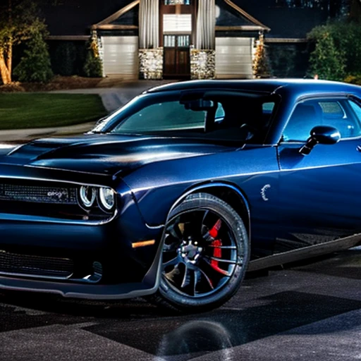 A black dodge challenger with flames of shades of blue, car is sitting in mansion driveway, dark outside, headlights glow blue, colorful light