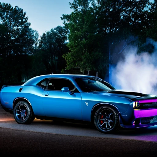A black dodge challenger with flames of shades of blue, car is sitting in mansion driveway, dark outside, headlights glow blue, colorful light