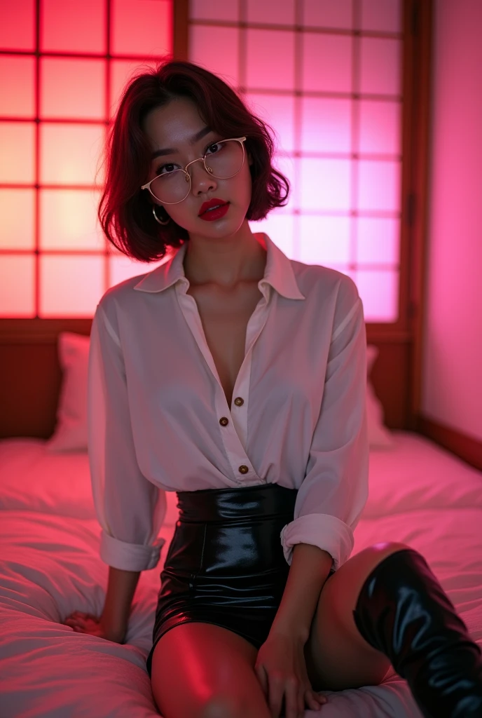 ((Chinese Idol)) 35 talents ((Plump, bright red lips with lipstick)) (Rimless glasses) cute round face Heavy makeup (Duck mouth) (Big Breasts) Plump Brown hair short hair ((Looking into the camera)) Sit with your legs apart ((White button-up shirt with black patent leather tight skirt and black stockings)) ((Knee-high boots)) Skin and chest drenched in sweat (Sit on the futon with your legs spread open.) look down ((A bedroom with shoji and tatami mats lit up in pink neon lights)) Shooting from a camera angle seen from the floor