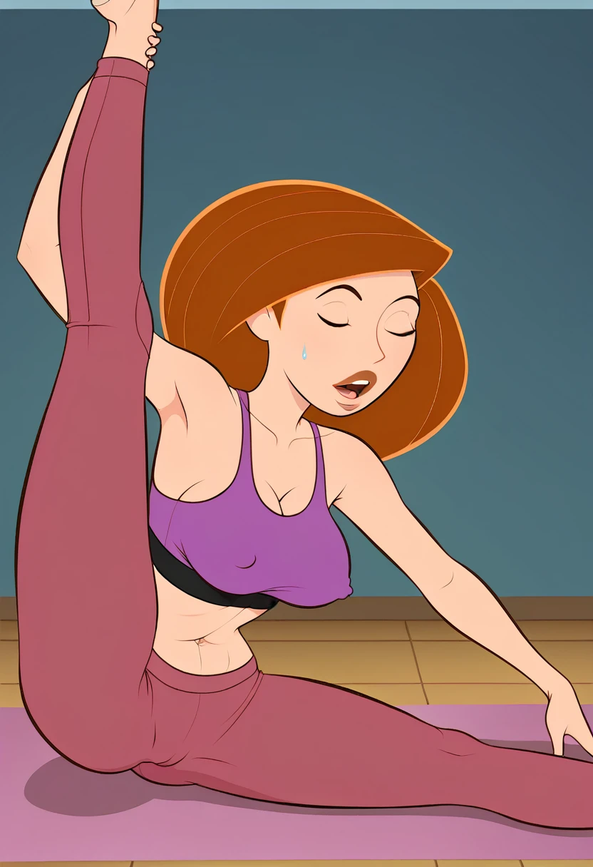 score_9, score_7_up, BREAK, 1girl, solo, annpossible, sports bra, sweatpants, yoga, flexible, mature female,