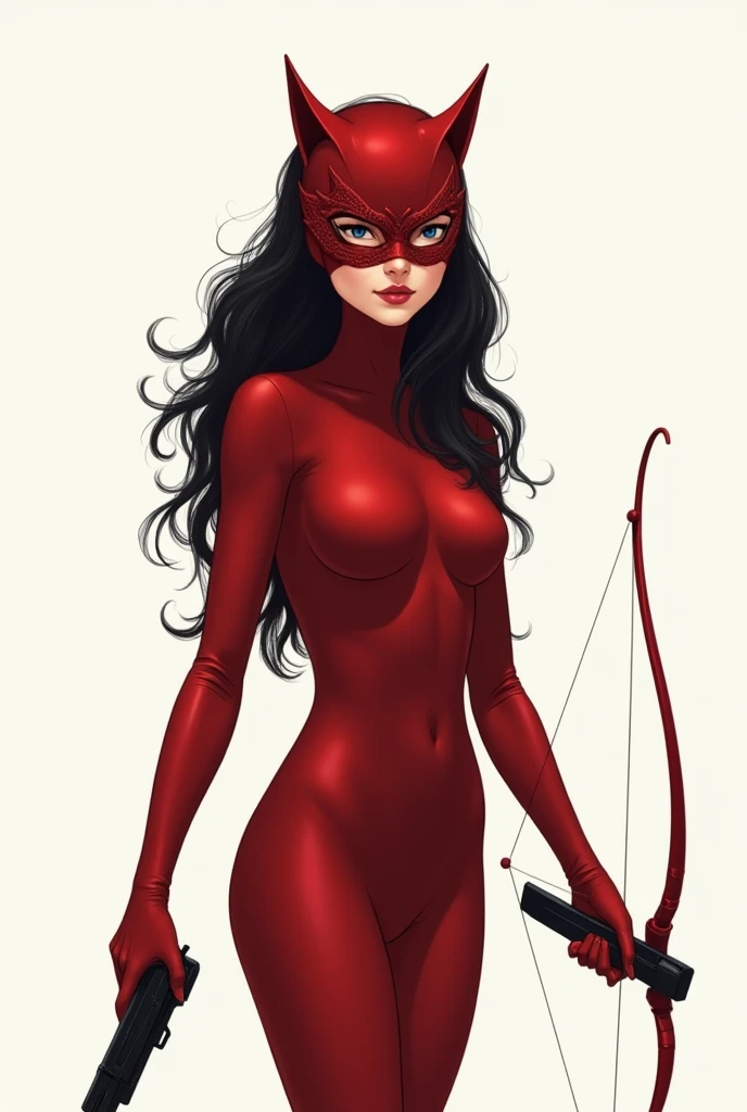 A silhouette of a teen girl wearing red Catwoman suit. Wavy hair. no head gear. Wearing red mascaraed mask. Holding a small gun and bow. Plain background. Semi-realism art