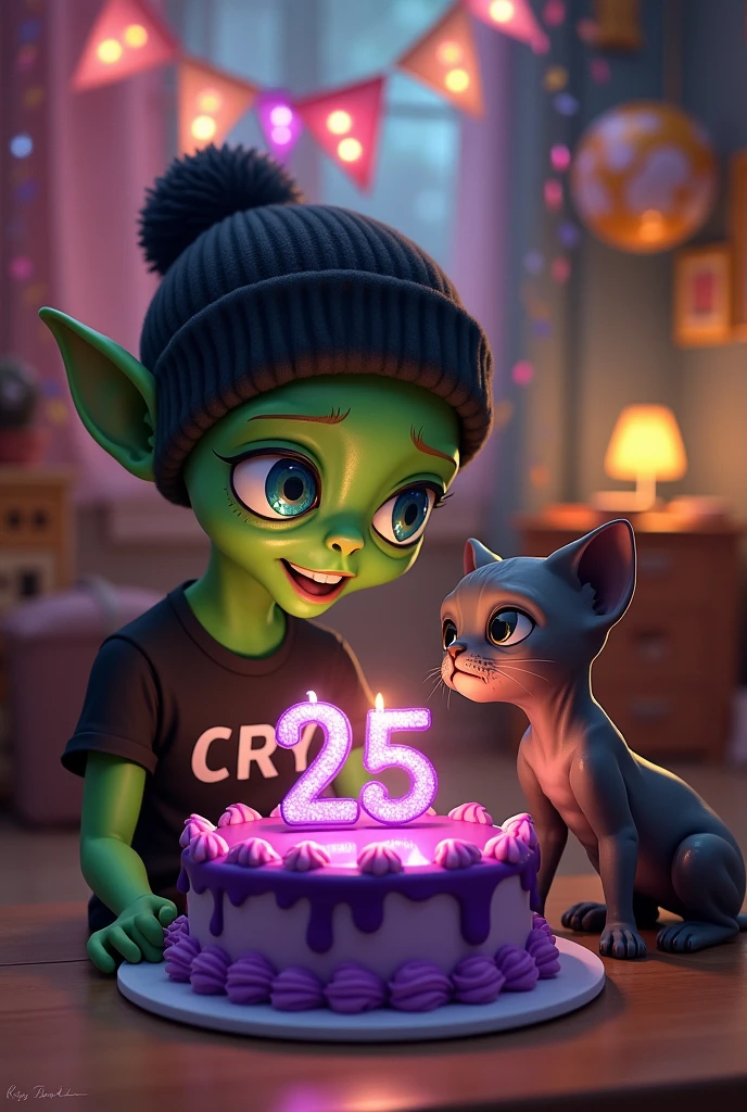 small green male alien, with a tender face, Small ears, blue eyes, dressed in a black beanie, Black t-shirt with the name CRY, with a purple cake with a 25th birthday candle, accompanied by a sphynx cat and a pug dog, with the phrase at the top happy birthday Cri Cri, realistic, intricate details