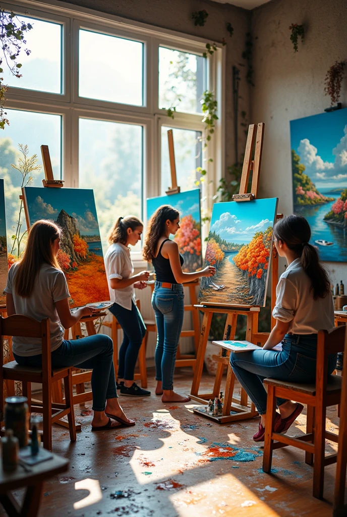5 artists 3 women and 2 men painting canvases with beautiful masterpieces 