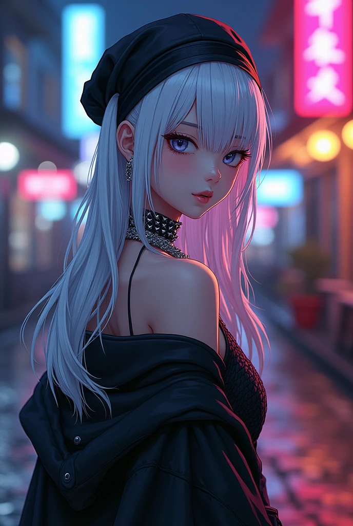 Create an anime girl character, slim build, White skin, long straight white loose hair, a black head warmer, a black choker with spikes and chains hanging, a black blouse and a short black skirt