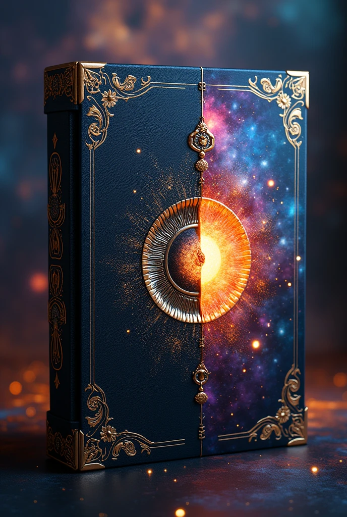 Make a book with a background of half a galactic black eye and half energy , That is, half of one side will be light and the other half darkness of the eye.