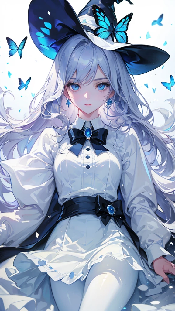 ((masterpiece, Highest quality)), Detailed face,magician,Character portrait,whole body,Perfect Body Proportions,Long legs,((Long Wavy Hair)), ,Beautiful Eyes,Fantasy Style,White Background,Very beautiful,Witch Hat,White hat,Lock,race,pantyhose,Expose,White linen clothes,mini skirt,Silver Hair,Blue Eyes,((Sparkling Eyes)),,Blue Gemstone Brooch,A flower decoration in white and blue on the hat,Legendary Cloth Garment,Blue Butterfly,Butterflies fluttering