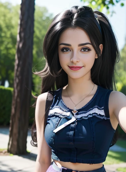 (masterpiece, The best quality, fotorrealist, High Resolutions, Director of photography, :1.3), Selfie photo of upper body, Sharp focus, 1 chica sexy, cute school girl , model, 16 year old teen midriff, hermosa modelo adolesente , Highly detailed turquoise eyes and pupils, tiene senos grandes , slim body shape, neckline, extremely detailed hair, They're smiling, sexy, ((realist, super realistic, realism, Detalles realists)) mlp , Trixie lulamoon, mlp , cute makeup ,Red lips , nariz pequeña , cabello largo color blanco ,pelo largo color platedo , Whole body , hermosa sonrisa , usa chaqueta negra de motociclista , Equestria girls , cuerpo completo , parque , atardecer , jardin , ella esta feliz , linda sonrisa , alegre , guitarra electtica , mlp , trixie Lulamoon , lindo outfit , ropa de acampar