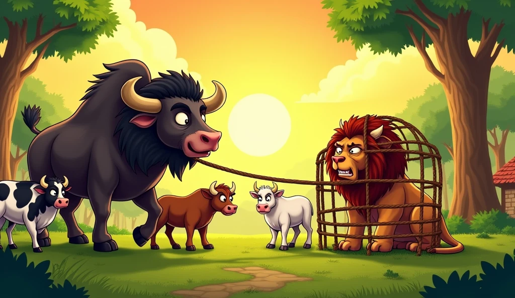 Here’s a prompt to generate a similar image for a thumbnail:
"Create a vibrant, cartoon-style scene set in a lush, green village. The main focus is on a large, intelligent-looking buffalo in the center, pulling a rope that is tied to a trap containing a lion on the right side. The buffalo has a determined expression, and there are three cows of different colors standing near it, looking curious and supportive. The lion is trapped inside a sturdy cage made of thick ropes, with an angry and frustrated expression. The background should feature tall trees, a few simple huts, and a sunrise or sunset, giving a warm and peaceful ambiance. Ensure the image captures the cleverness of the buffalo and the tension in the scene, making it visually engaging and appealing for a thumbnail."
This prompt should help create an image that captures the essence and mood of the scene effectively for a thumbnail.