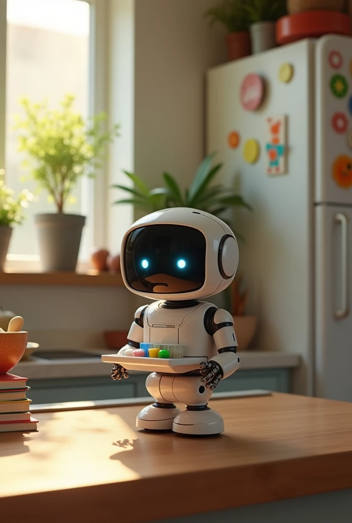 Small robot for dispensing medicine and reminds when and what to take medicine at a specific time. It also reminds the user if there are enough medicines stock or if he needs to buy.