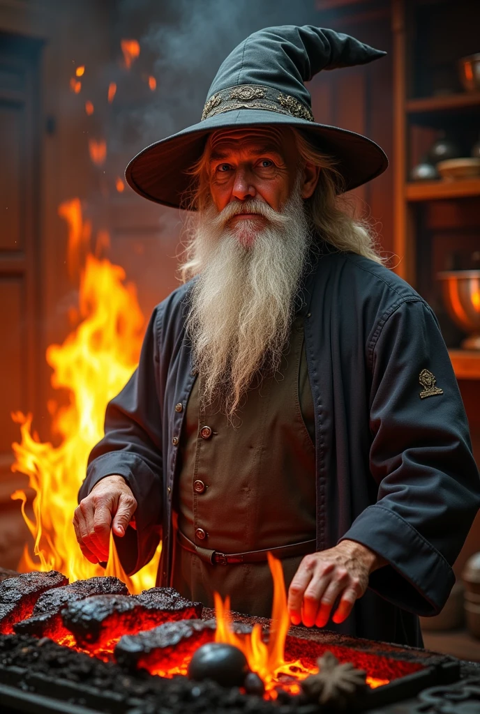 Illustrated comic of a wizard without a hat in a chef's jacket with a white beard and white hair looking straight ahead with a look as if he knew everything and preparing black meats on charcoal ,with a half-smile, arrogant look surrounded by an atmosphere of a kitchen of fire and a lot of almost hellish heat