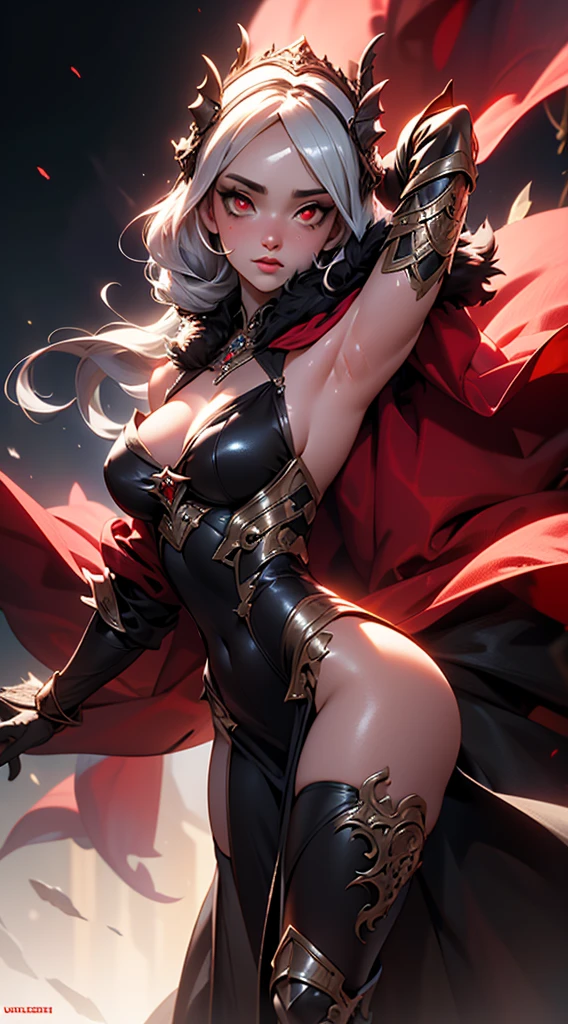 masterpiece, Bokeh, Highest quality, Realistic, Ultra-high resolution, 1 mature female, Highly detailed close-up portrait,
Queen of the Desert, (Black hijab, Red fur cloak:1.2), Black Dress, Dragonborn Armor, Intricate silver embroidery,
Beautiful red eyes, (Ultra-detailed armpits:1.4), Sweaty armpits, Glowing Skin, nice,
Complex gray background, Powerful backlight, Volumetric lighting, Soft lighting