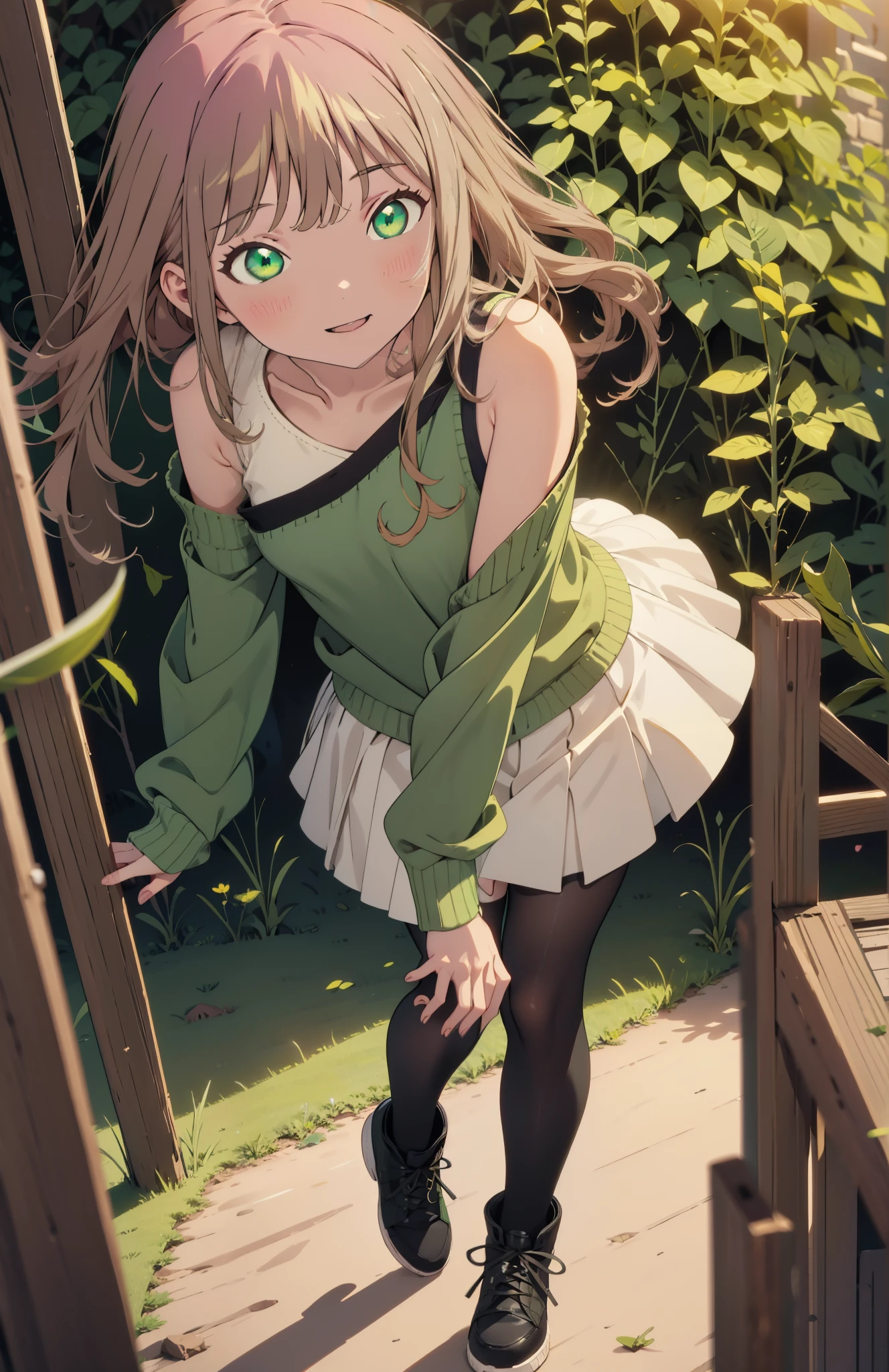 minami yume ,sss Dynazenon ,length, Thick braids, Brown Hair, smile,blush,(Green Eyes:1.5) ,Center of chest,hair band,One-shoulder sweater,length skirt,Black Pantyhose,short boots,walk,Daytime,sunny,whole bodyがイラストに入るように,
break looking at viewer, whole body,  
break outdoors, Area,
break (masterpiece:1.2), Highest quality, High resolution, unity 8k wallpaper, (shape:0.8), (Beautiful and beautiful eyes:1.6), Highly detailed face, Perfect lighting, Extremely detailed CG, (Perfect hands, Perfect Anatomy),