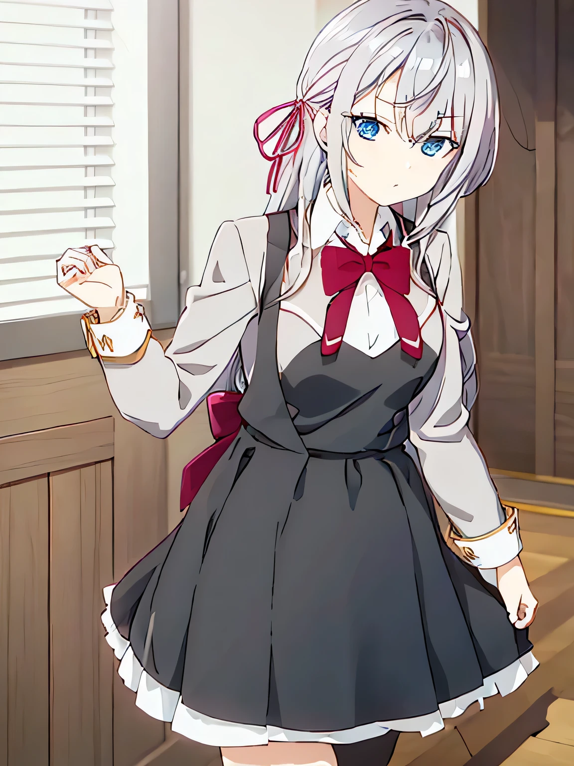 This picture depicts a female anime character with a cute style.. She has long silver gray hair., partly tied at the top with a ribbon. The character wears a traditional maid outfit in black and white., Comes with apron and red bow tie on front. She has big blue eyes and an X-shaped clip in her hair.. Character poses with hands forming a heart shape in front of chest, and has a cute and shy expression. The background of the picture is white., highlight the main character.