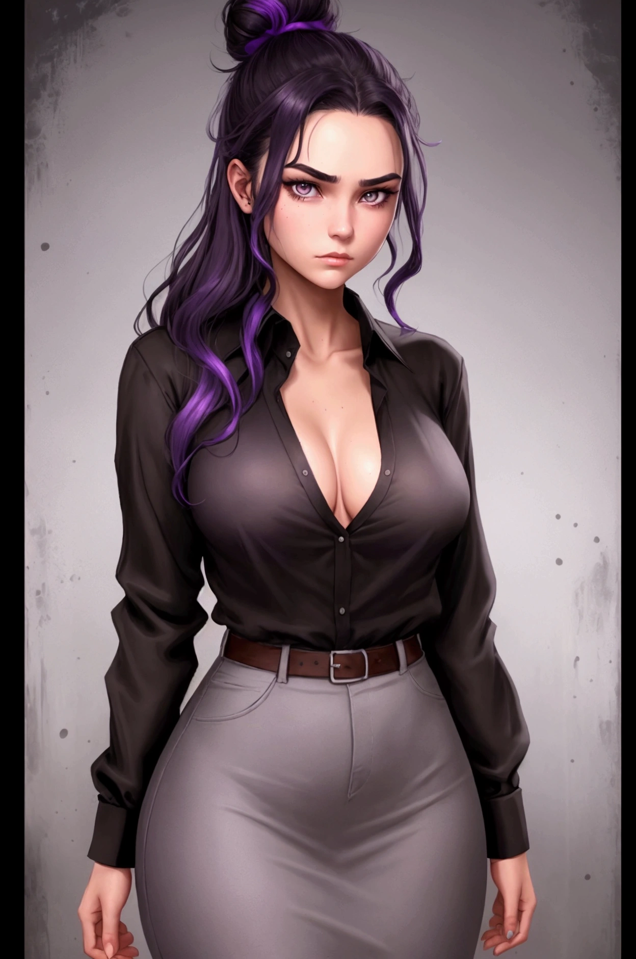 20 year old western college student woman with a dark expression and sexy frown. She has long, very dark hair with a few purple highlights. She is wearing a loose bun.. Eyes in a dark brown shade, wearing a loose formal gray shirt, has a sloppy dark academia style, with visible neckline, no back ground, graphic novel art style
