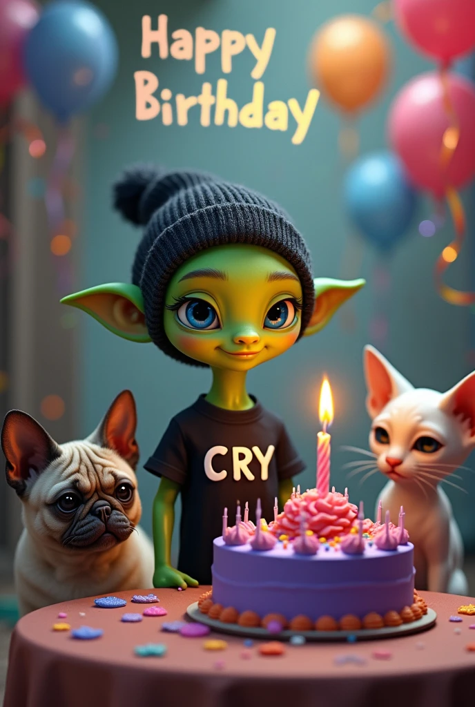 small green male alien, with a tender face, Small ears, blue eyes, dressed in a black beanie, Black t-shirt with the name CRY, with a purple cake with a 25th birthday candle, accompanied by a sphynx cat and a pug dog, with the phrase at the top happy birthday Cri Cri, realistic, intricate details