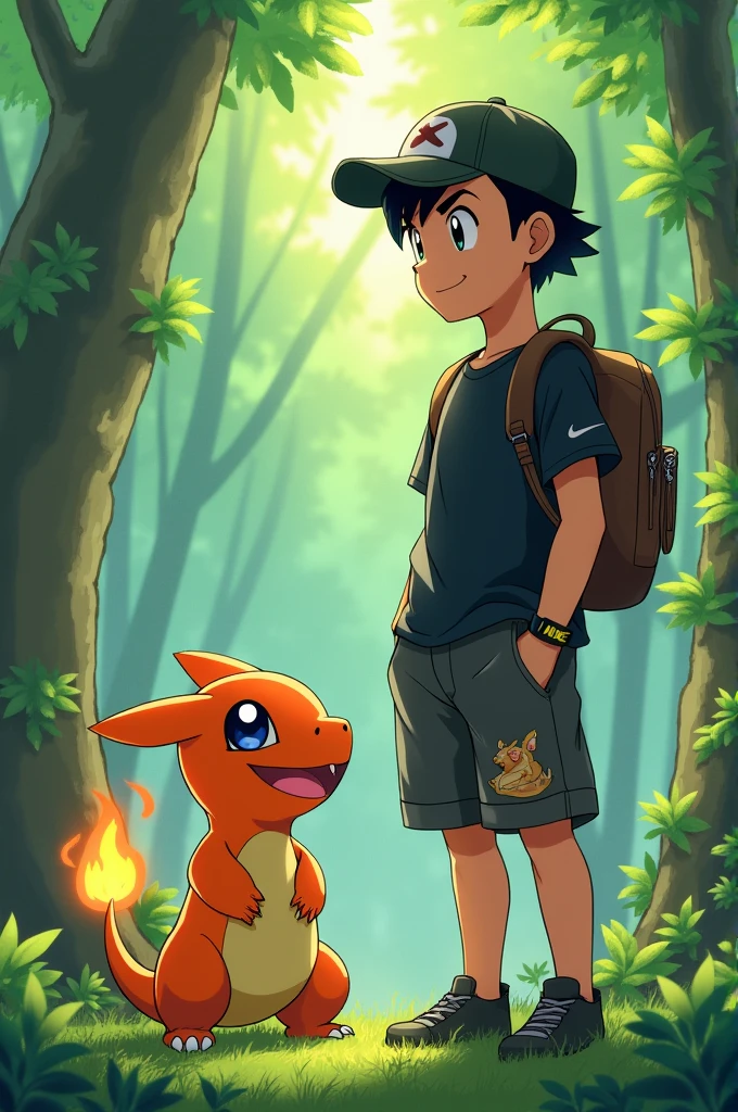 a pokemon trainer with a black cap and a nike shirt
and official pokemon art shorts with good quality and the setting in a forest and next to it a charmander